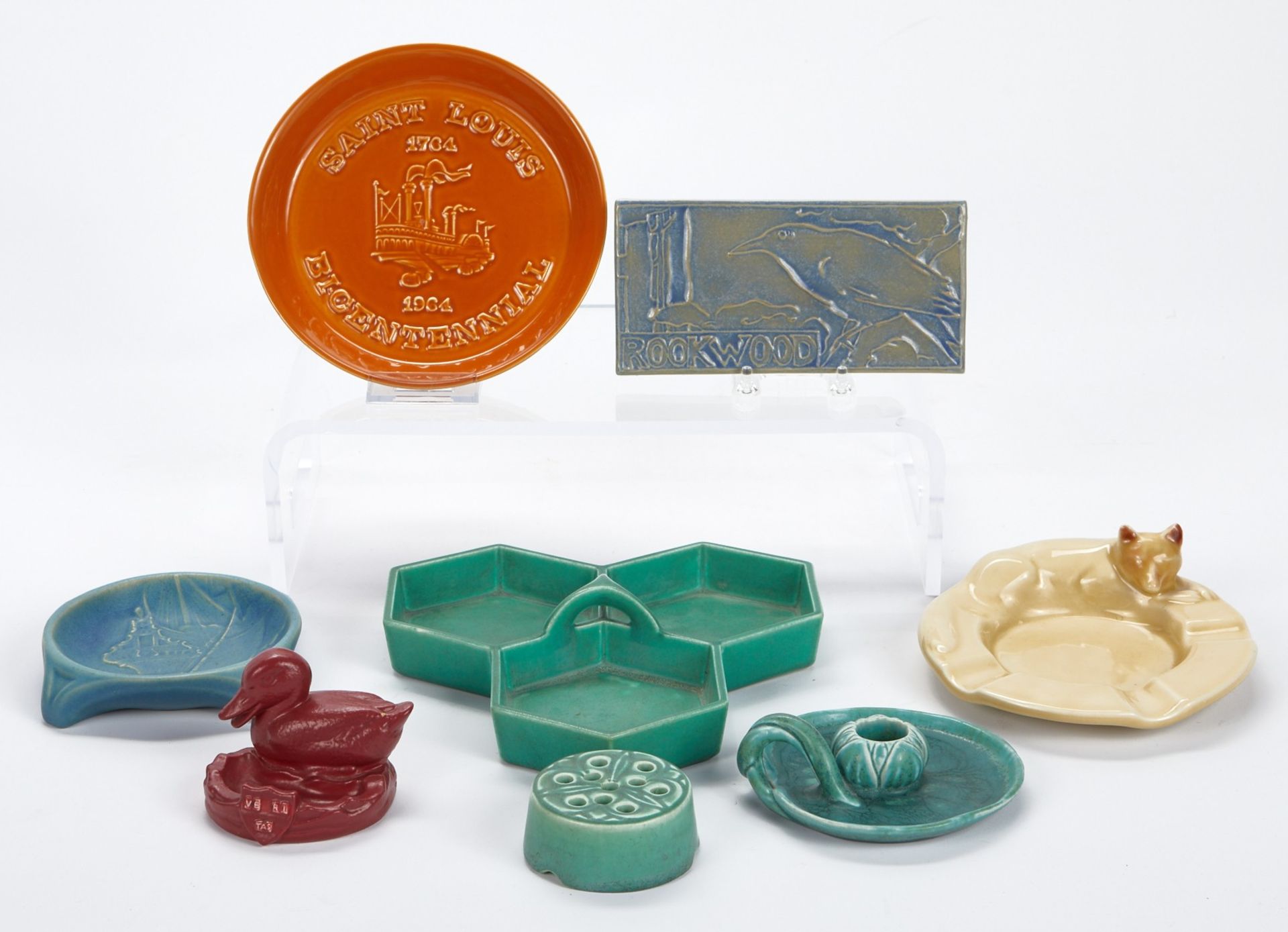 Grp: 8 Rookwood Pottery Ashtrays & Plaques 1910s-1960s