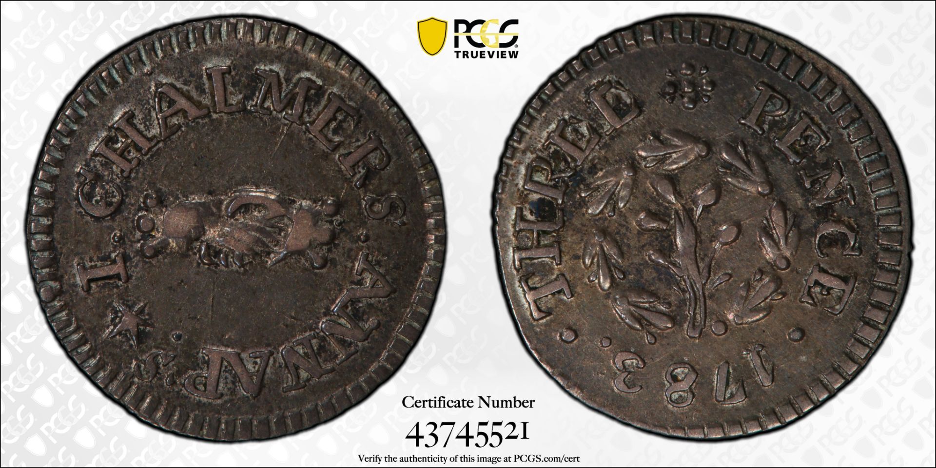 Chalmers Threepence 1783 PCGS AU55