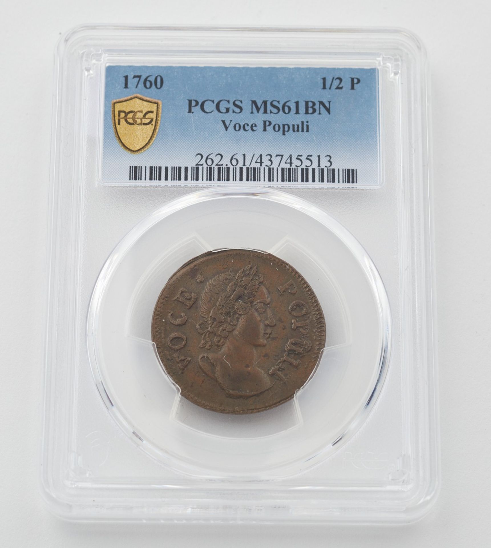 Hibernia Voce Populi Half Penny 1760 PCGS MS61BN - Bild 2 aus 2