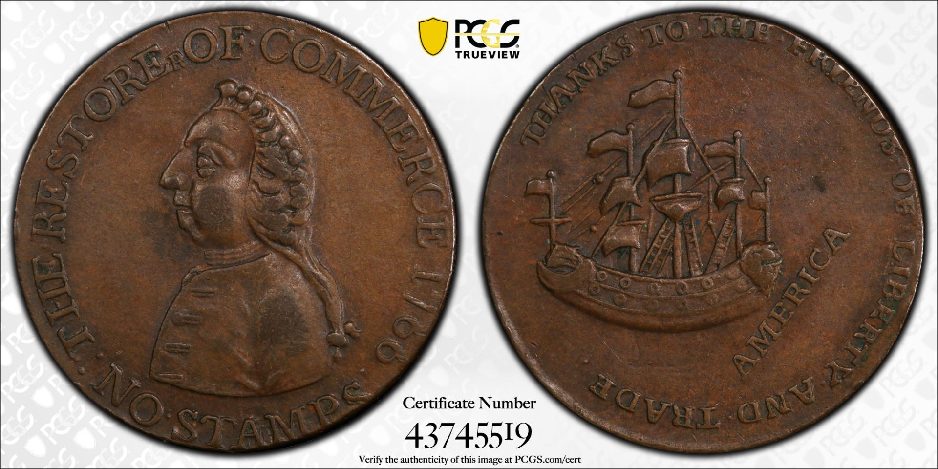 1766 William Pitt Token Half Penny PCGS AU53