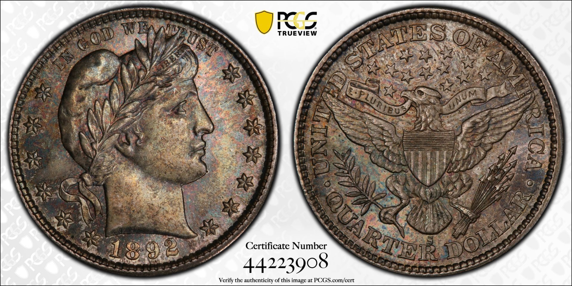 1892 Barber Quarter Dollar S PCGS MS65