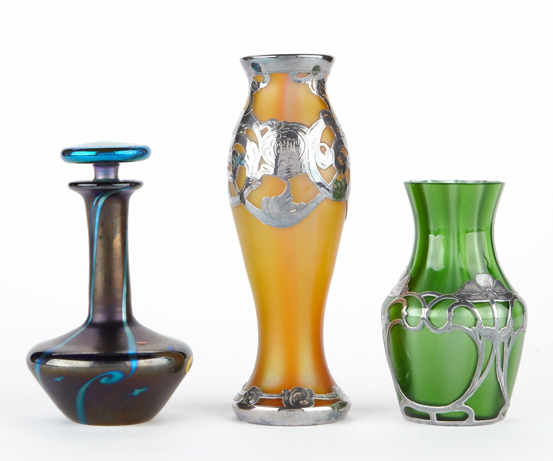 Grp: Perfume Bottle & 2 Art Nouveau Vases Tiffany