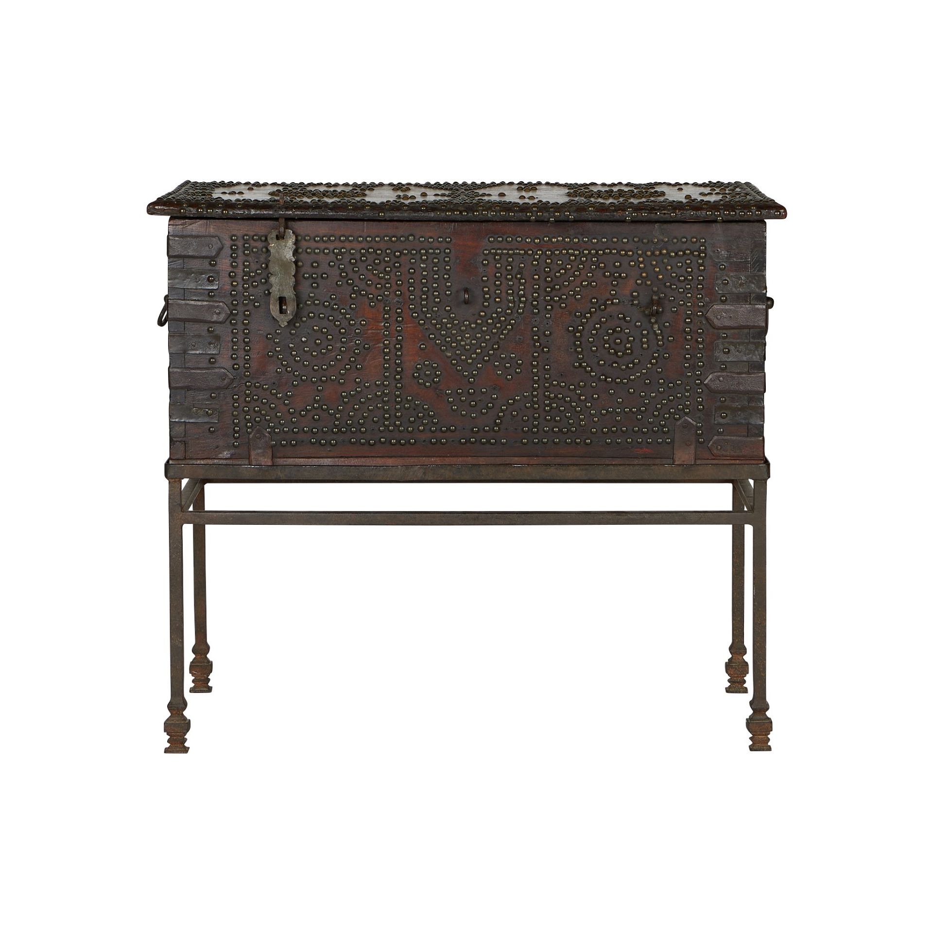 19th c. Studded Hardwood Chest w/ Iron Stand - Bild 3 aus 12