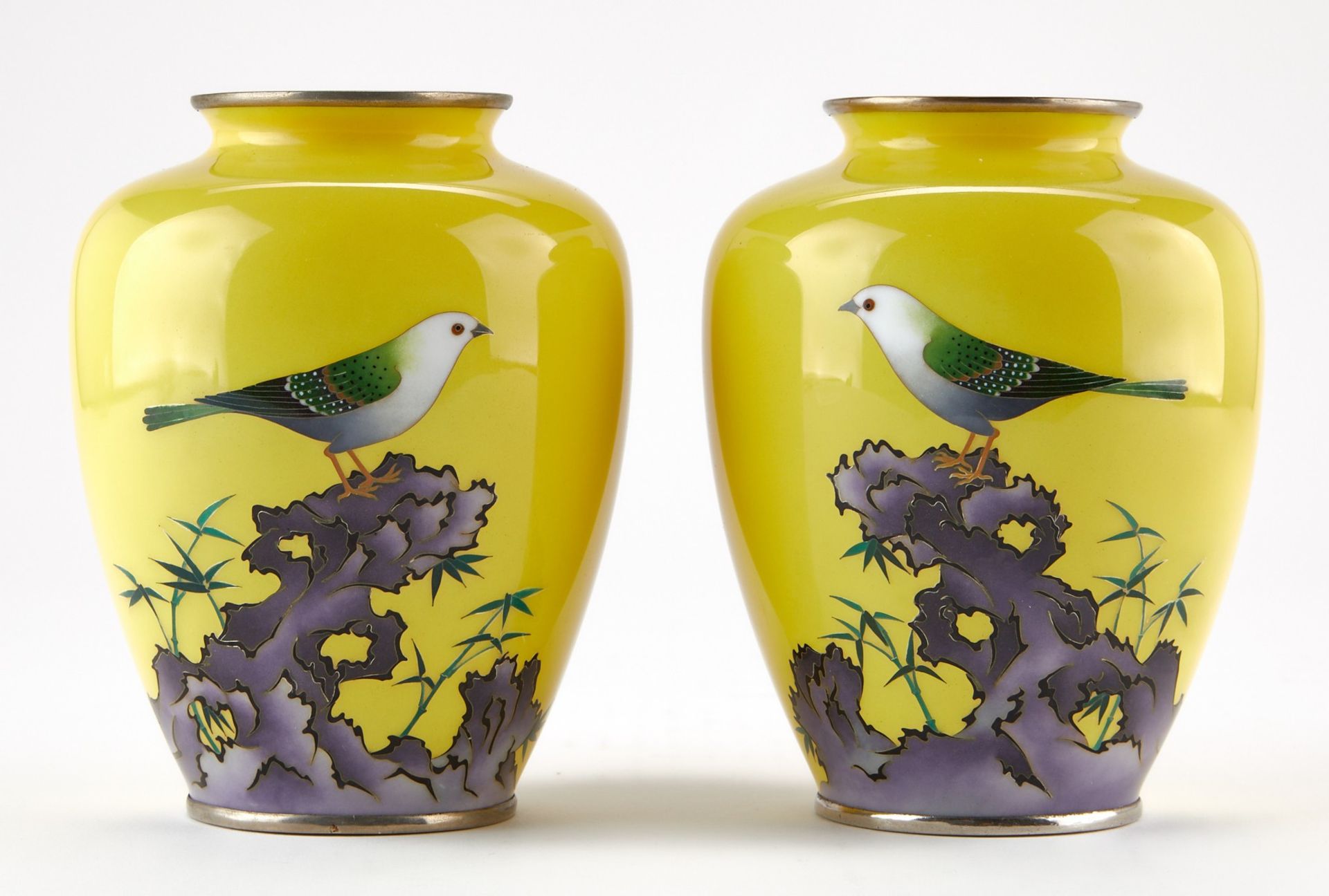 Pr Japanese Cloisonne Vases w/ Yellow Ground & Birds