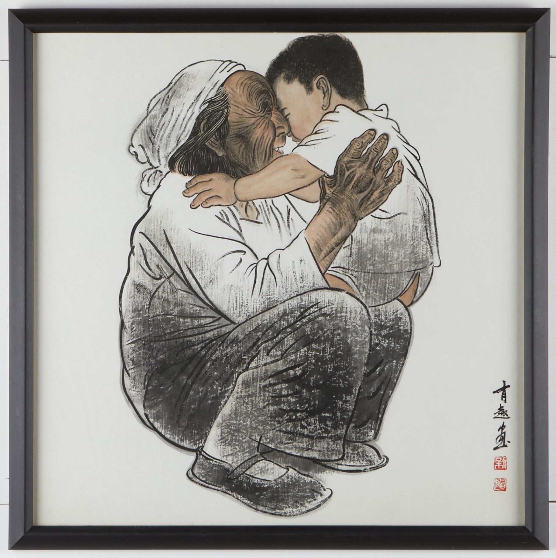 Wang Youzheng Lithograph Grandmother w/ Child - Bild 2 aus 3