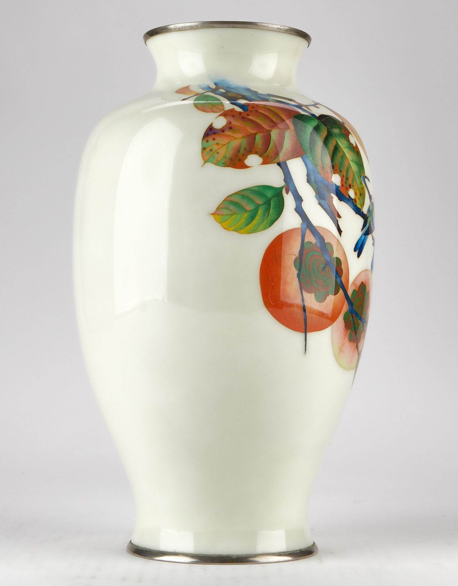 Japanese Cloisonne Vase w/ Persimmons and Birds - Image 3 of 7