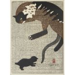 Kiyoshi Saito "Mother Love" Cat Woodblock Print