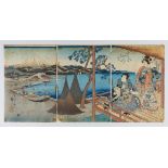 Utagawa Hiroshige Japanese Woodblock Triptych Genji