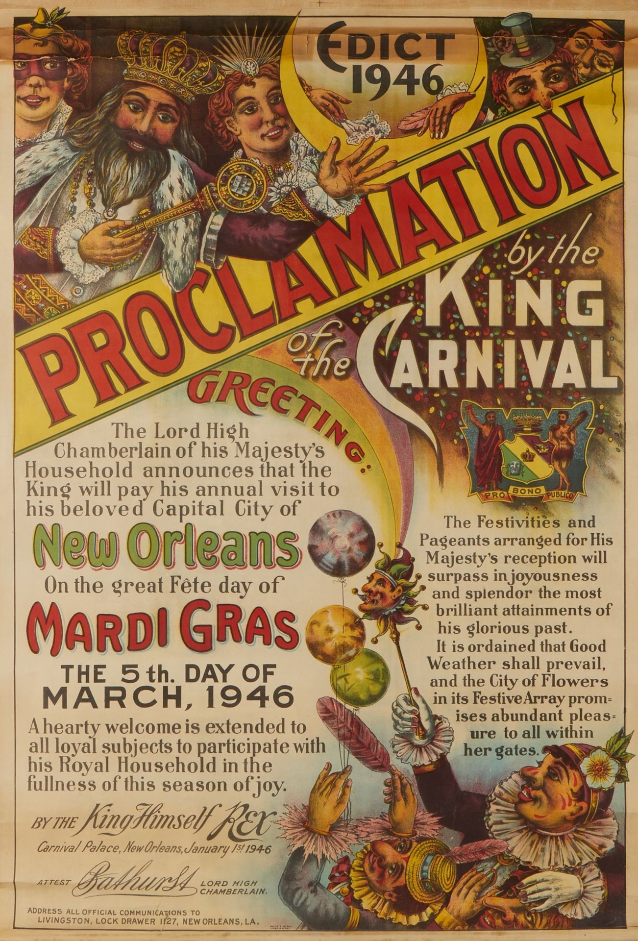 1946 Mardi Gras Rex Proclamation Poster