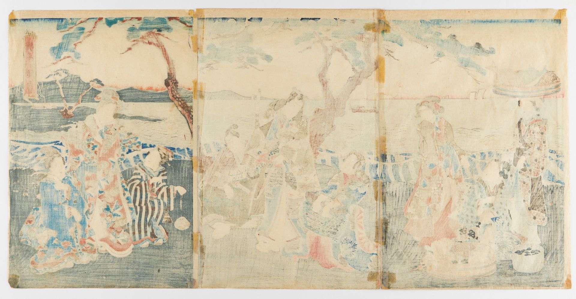 Utagawa Kunisada Ukiyo-e Triptych "Bay of Akashi" - Image 2 of 8