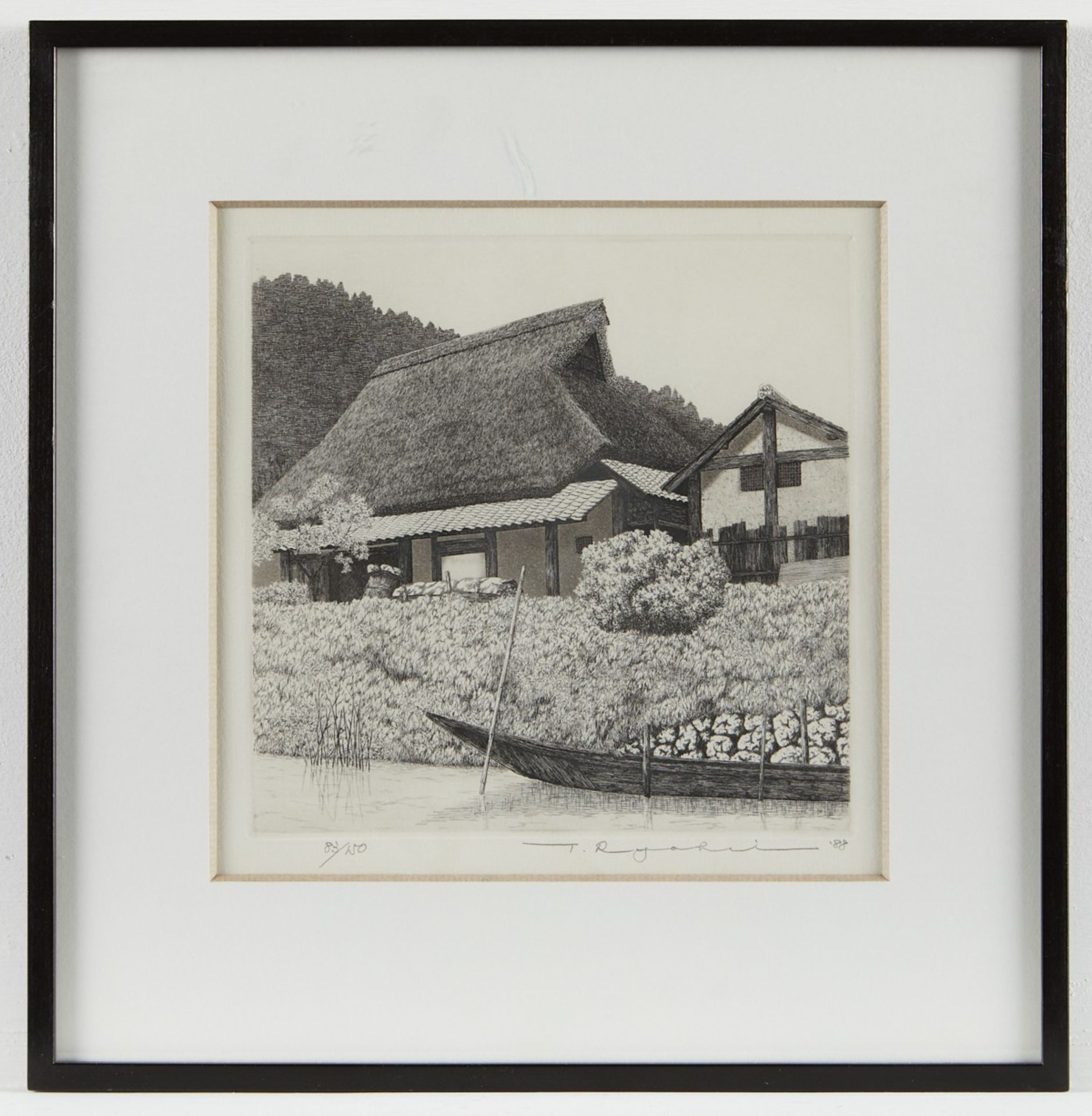 Ryohei Tanaka Etching Farm Scene w/ Boat - Image 2 of 5