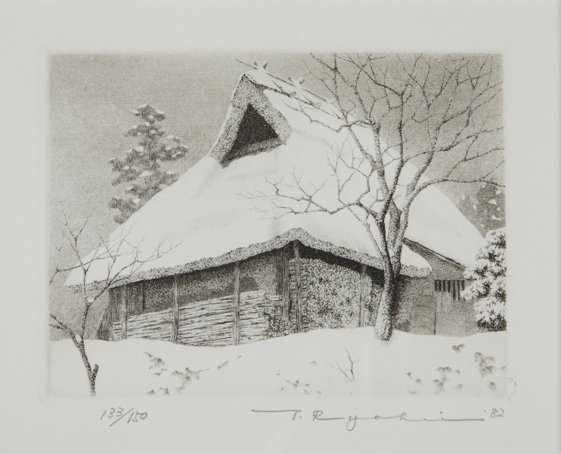 Ryohei Tanaka "Snow on Thatched Roof #2" Shin-hanga Print