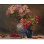 Jeff Otis Indian Hawthorne and Roses Oil Painting
