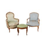 2 Upholstered French Armchairs w/ Stool