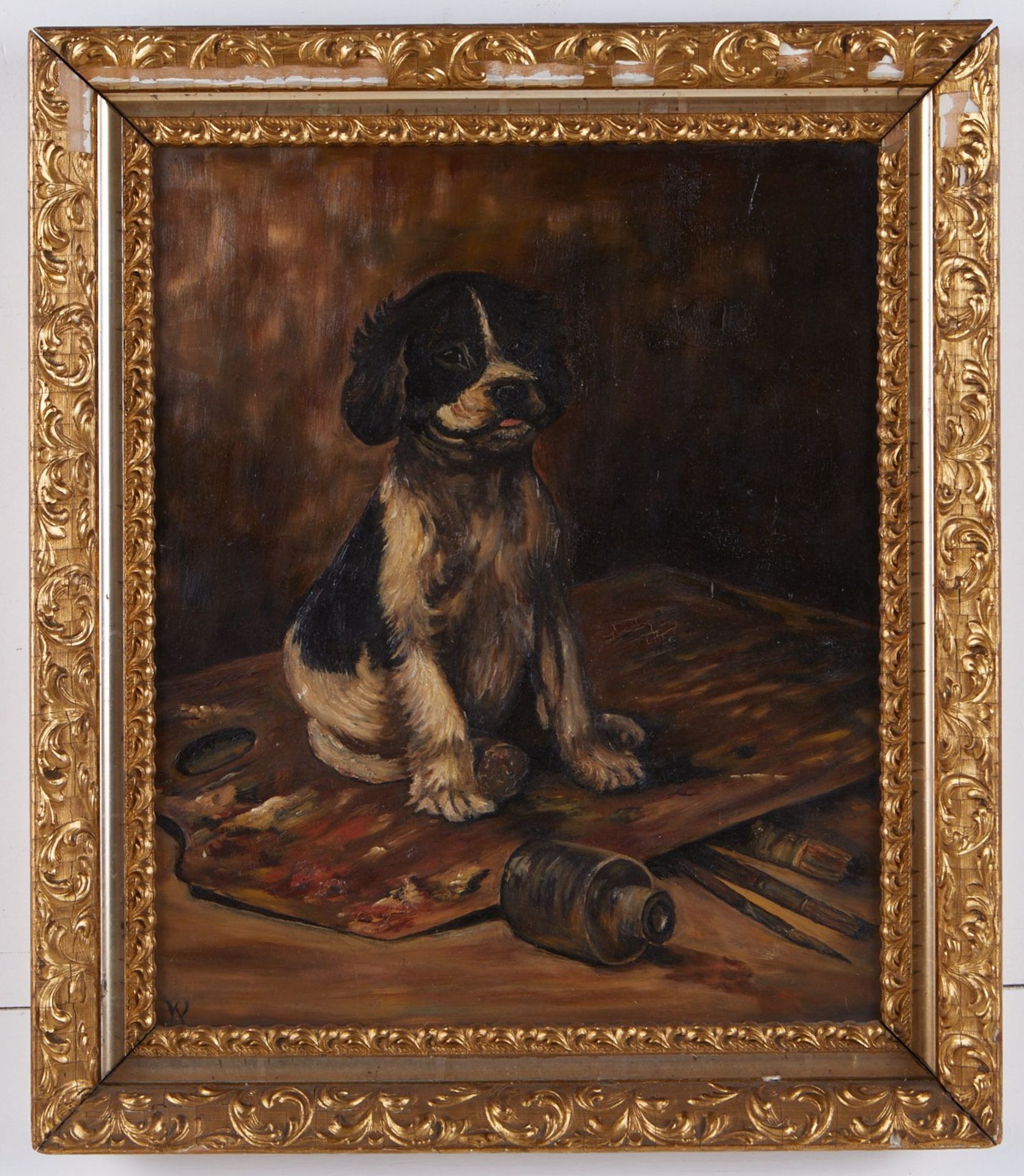 Oil on Board Painting Dog w/ Artist's Palette - Bild 2 aus 5