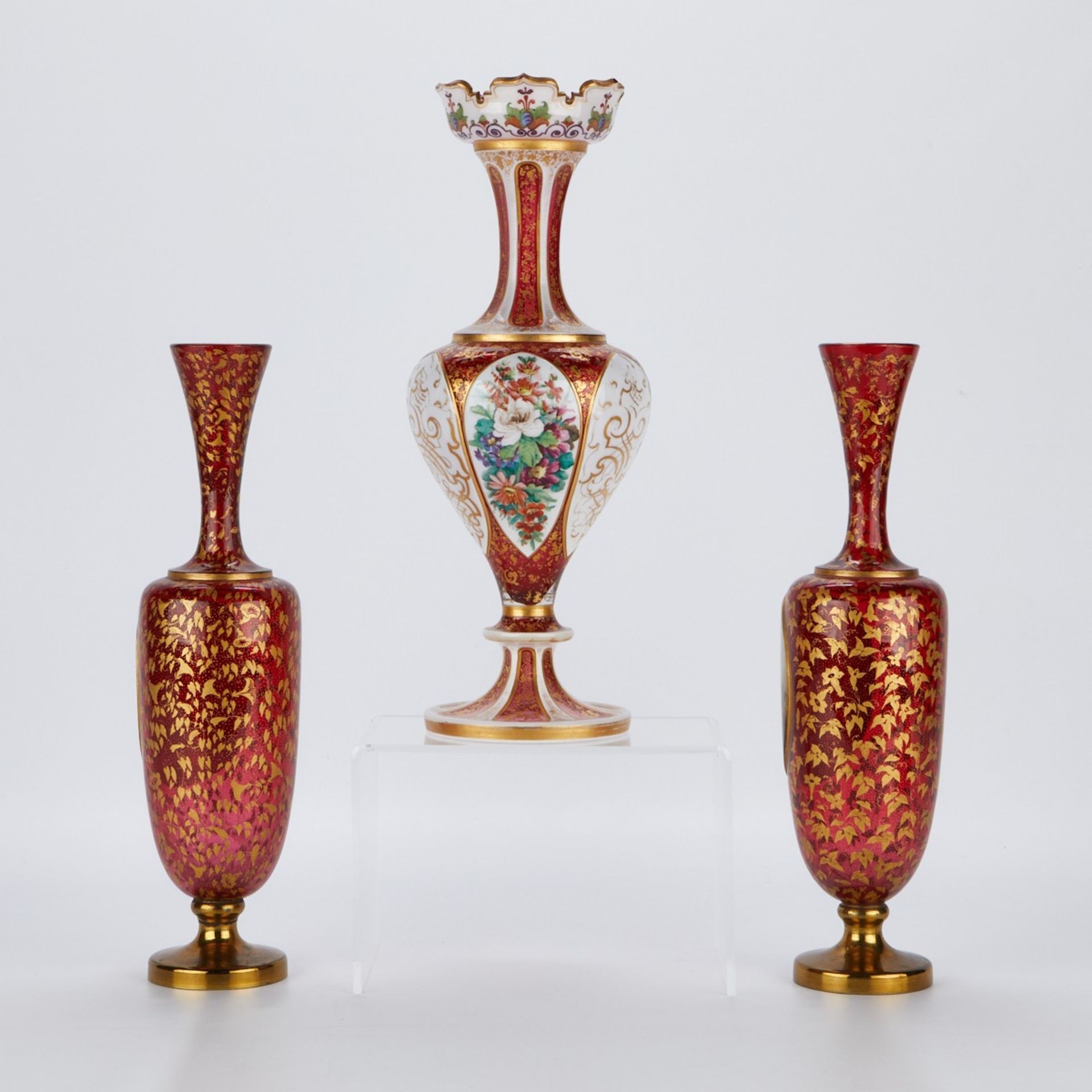 3 Cranberry Red Bohemian Glass Vases - Bild 2 aus 4