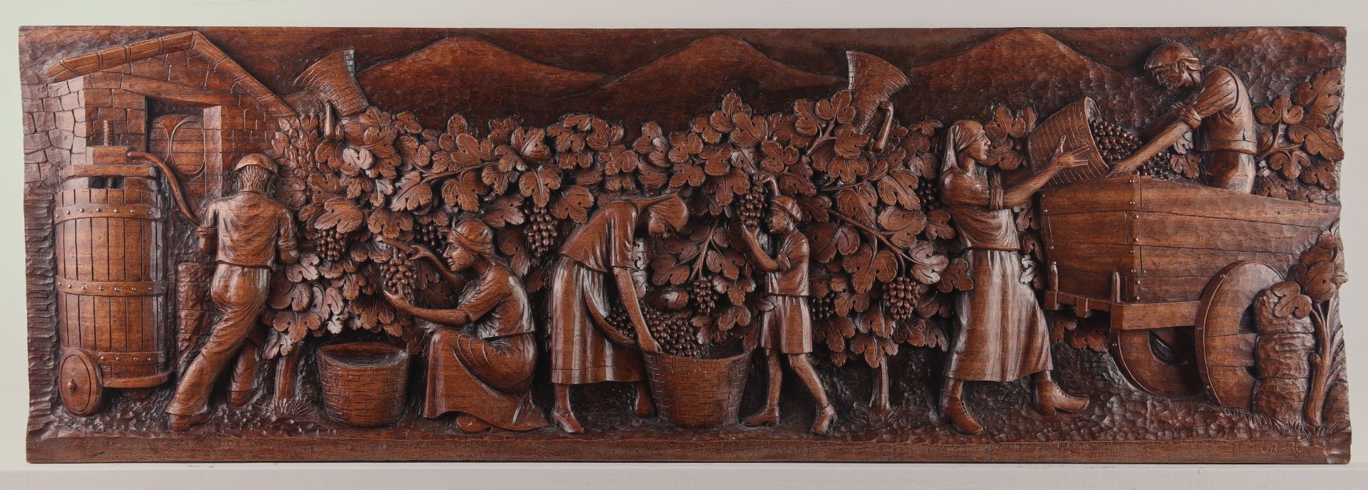 Large Wood Relief Carving of Grape Harvest