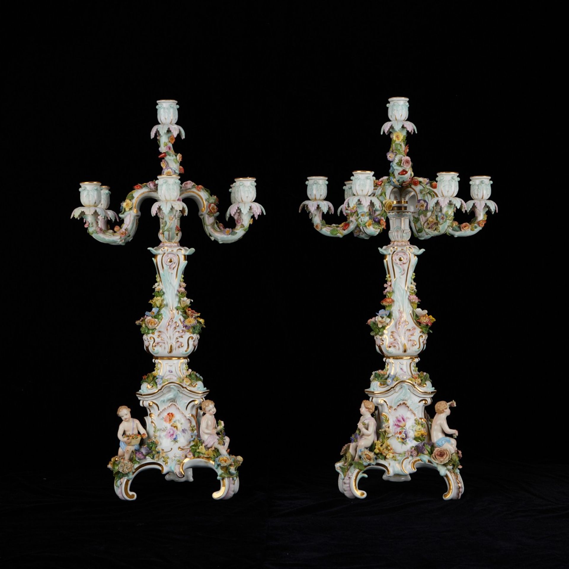 Pr. Meissen Porcelain 6 Arm Candelabras - Damaged