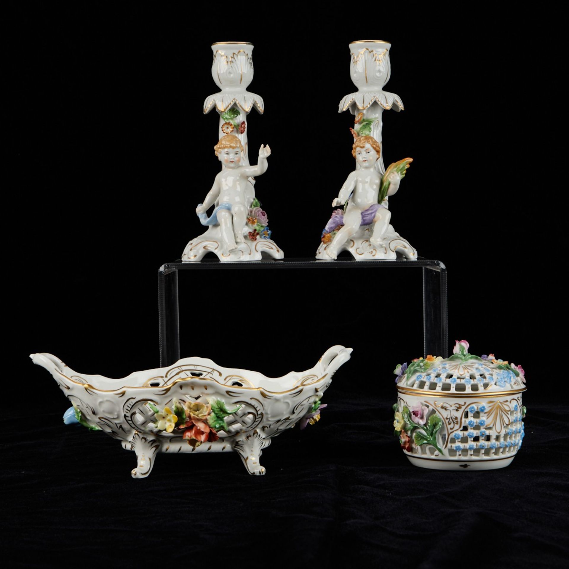 4 Dresden Porcelain Baskets and Candlesticks