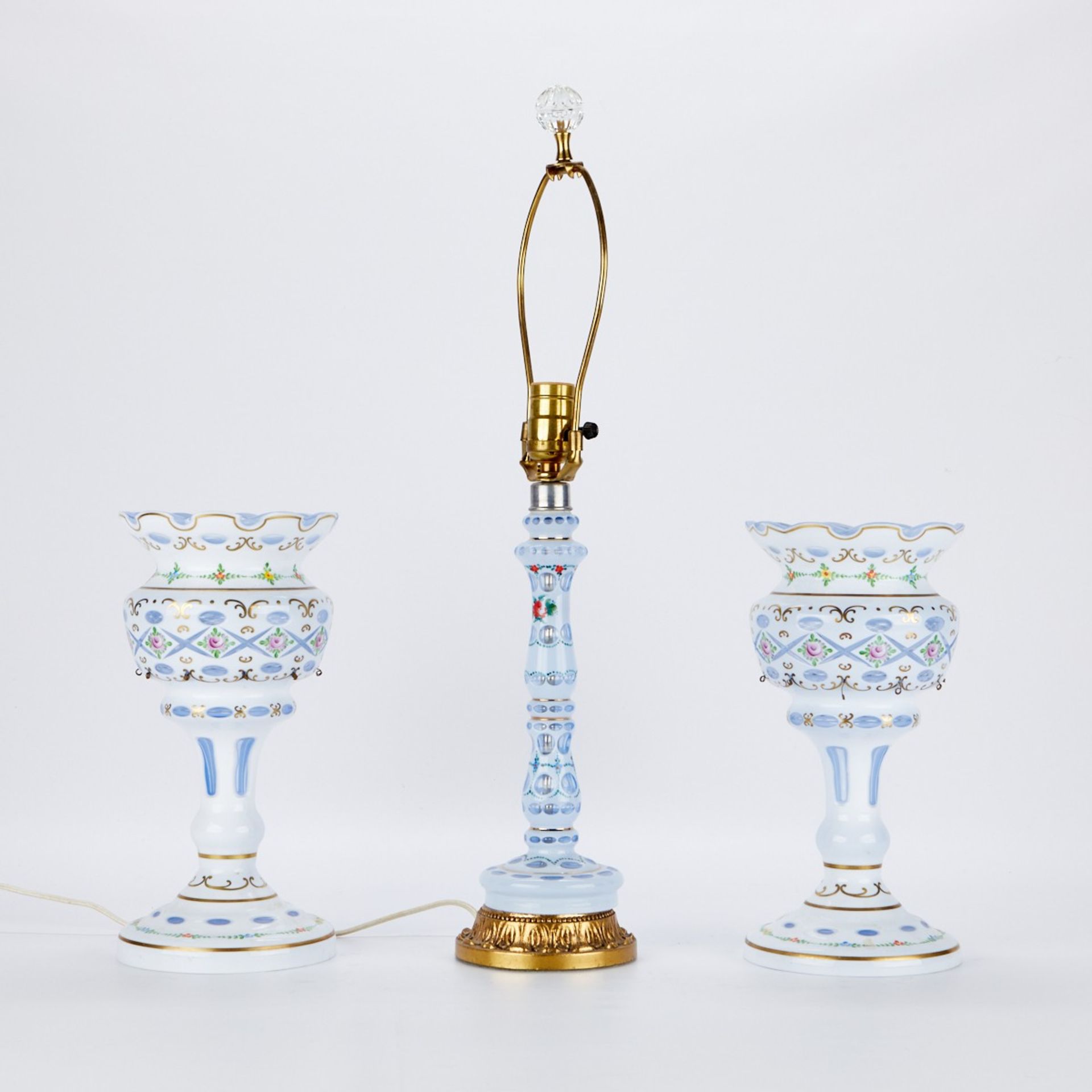 3 Bohemian Cut Overlay Glass Lustres and Lamp