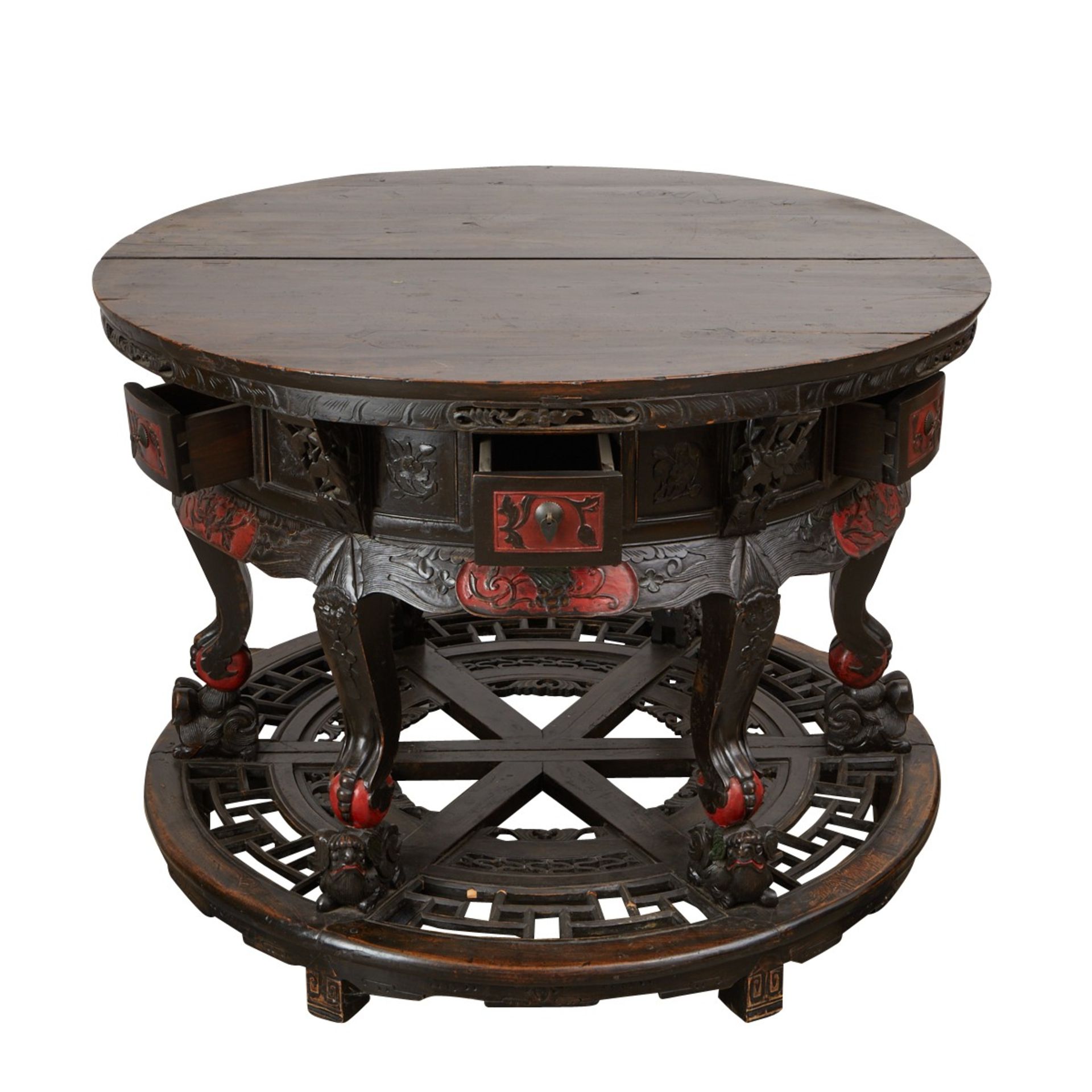 Chinese Round Carved Wood Table w/ Drawers 19th c. - Image 4 of 11