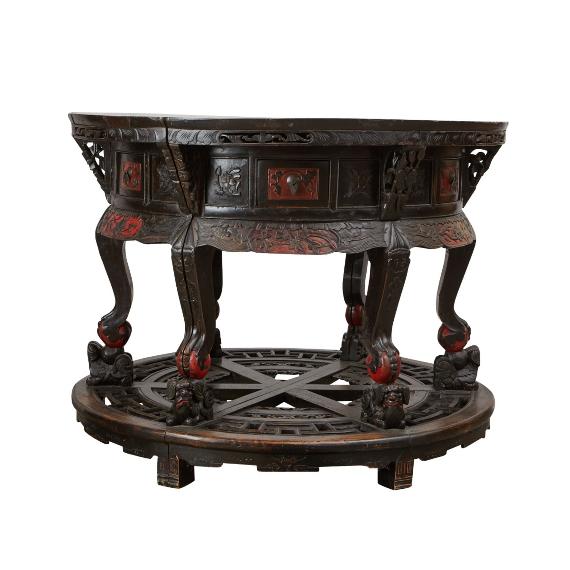 Chinese Round Carved Wood Table w/ Drawers 19th c. - Image 8 of 11