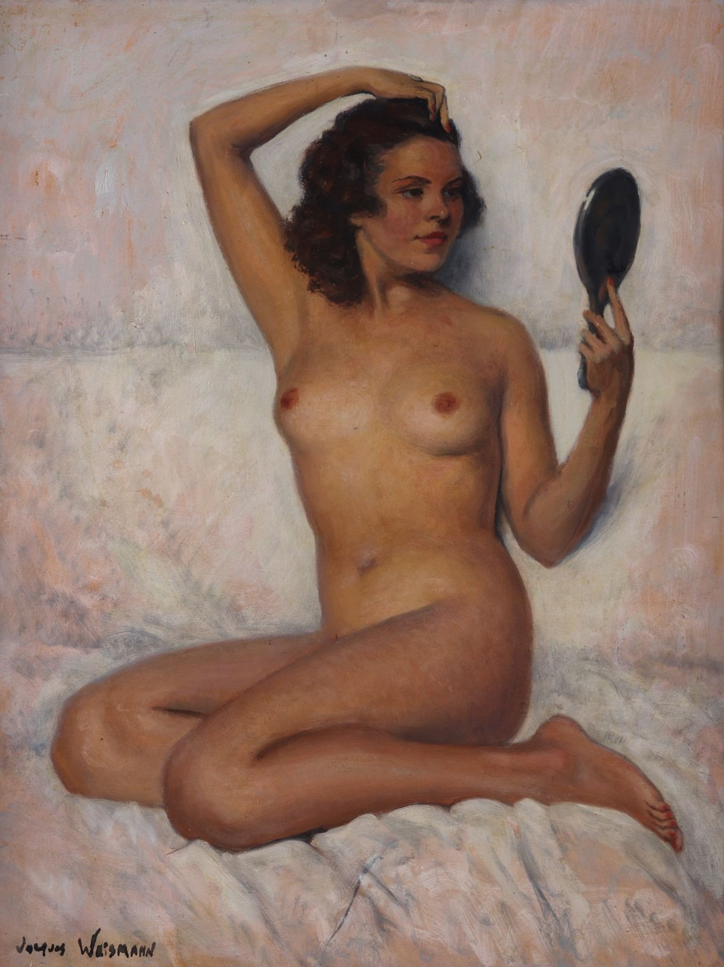 Jacques Weismann "Coquette Au Miroir" Oil on Board