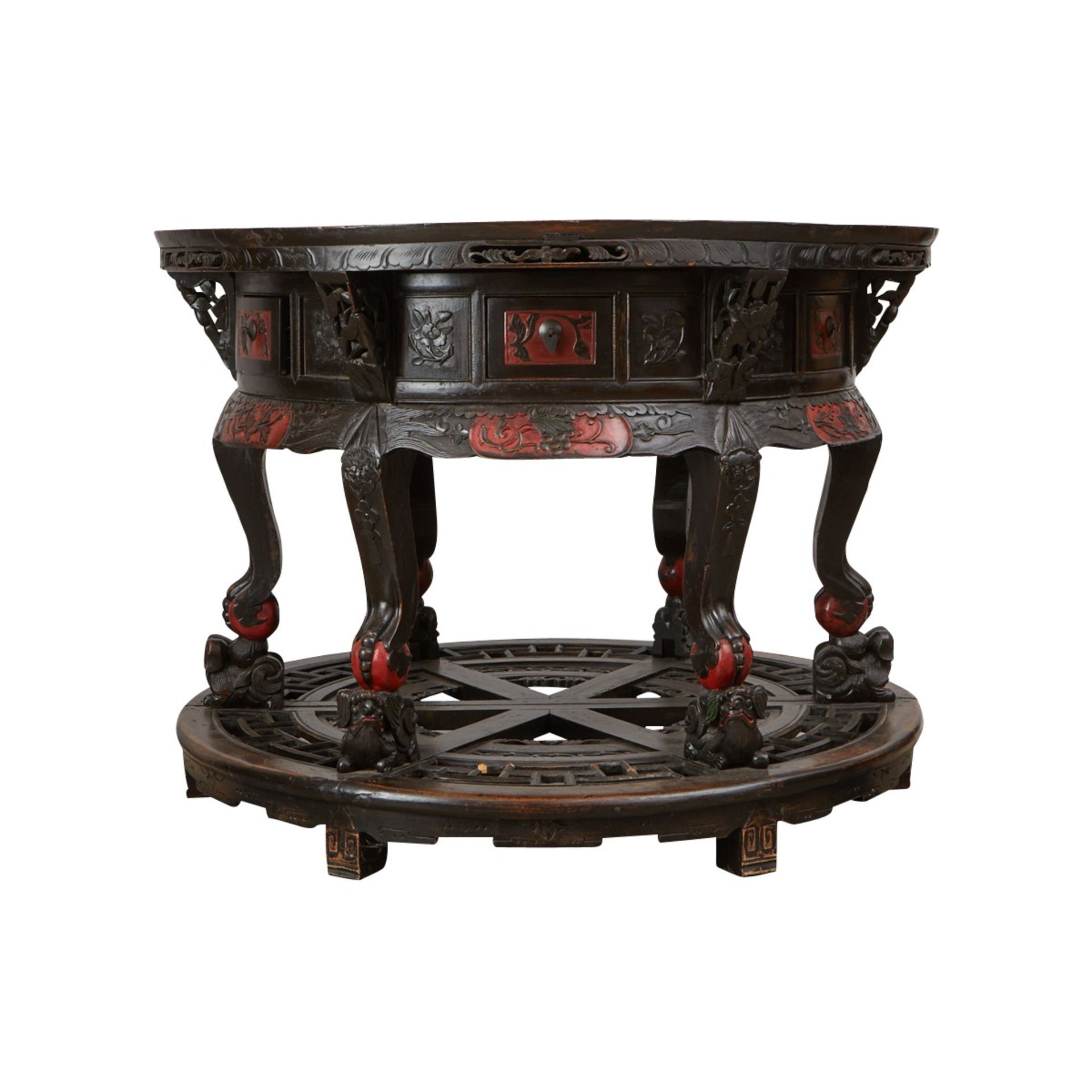 Chinese Round Carved Wood Table w/ Drawers 19th c. - Image 6 of 11