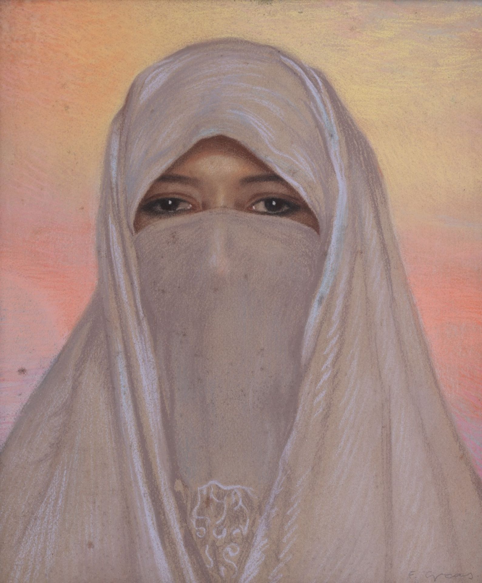 Francisco Gras "Veiled Woman" Pastel Drawing