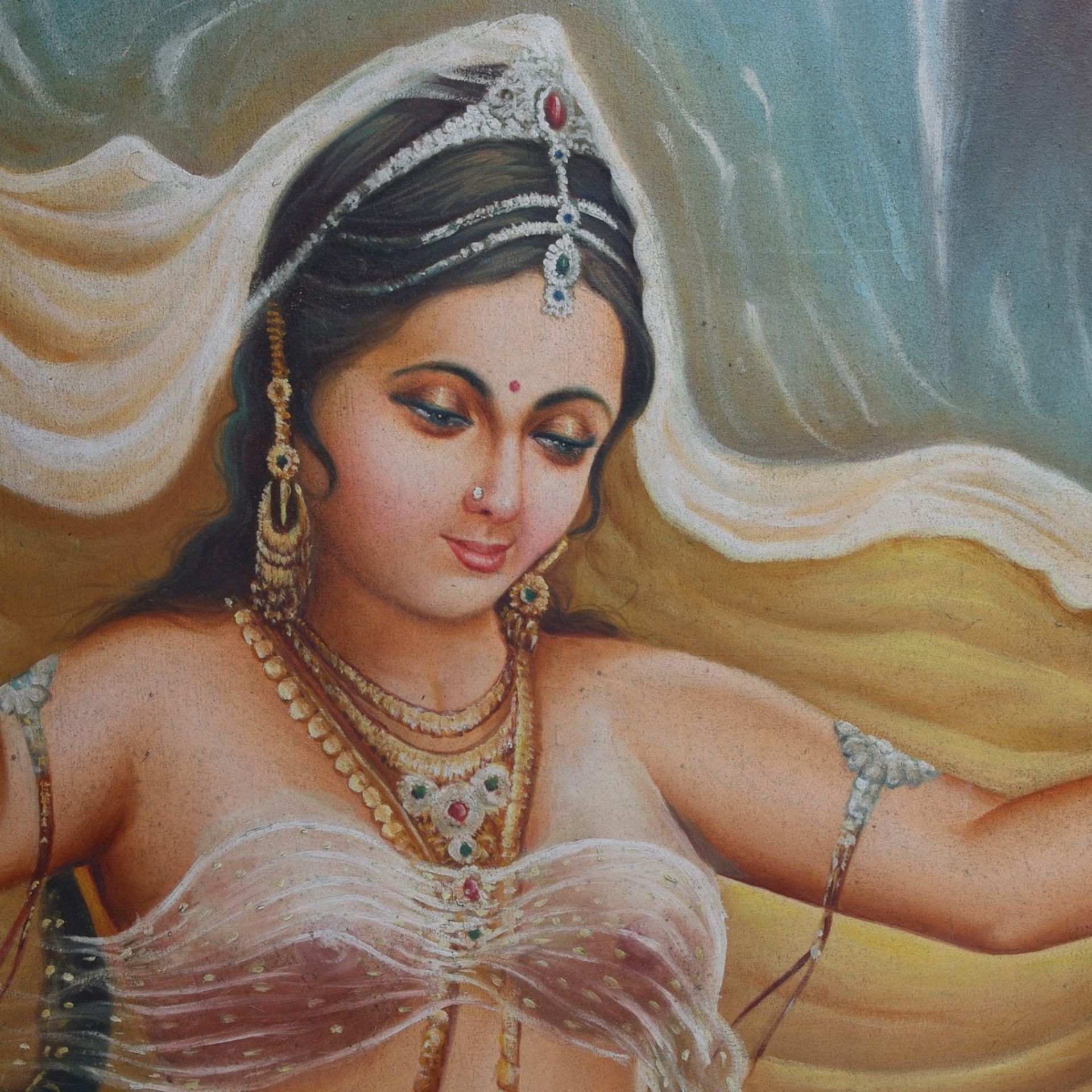 Large Hindu Oil on Canvas Vishwamitra Menaka - Bild 3 aus 4