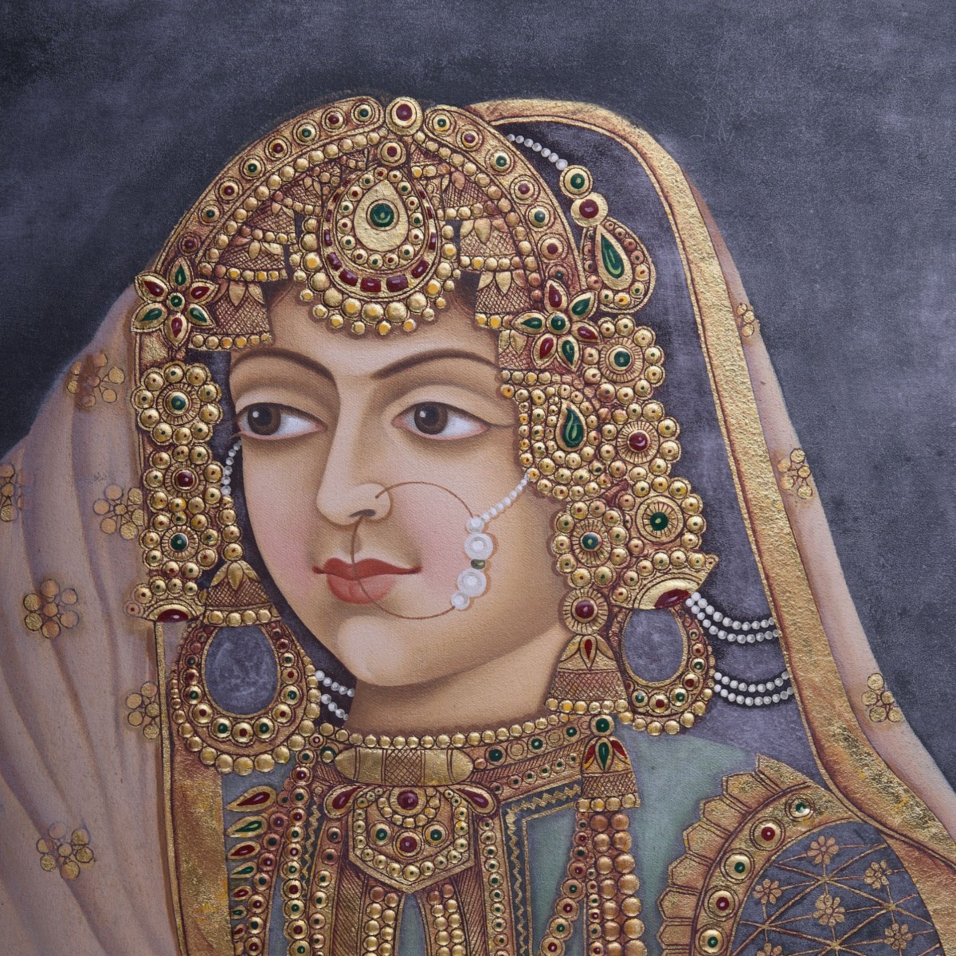 Massive Indian Painting Woman in Elaborate Dress - Bild 3 aus 5