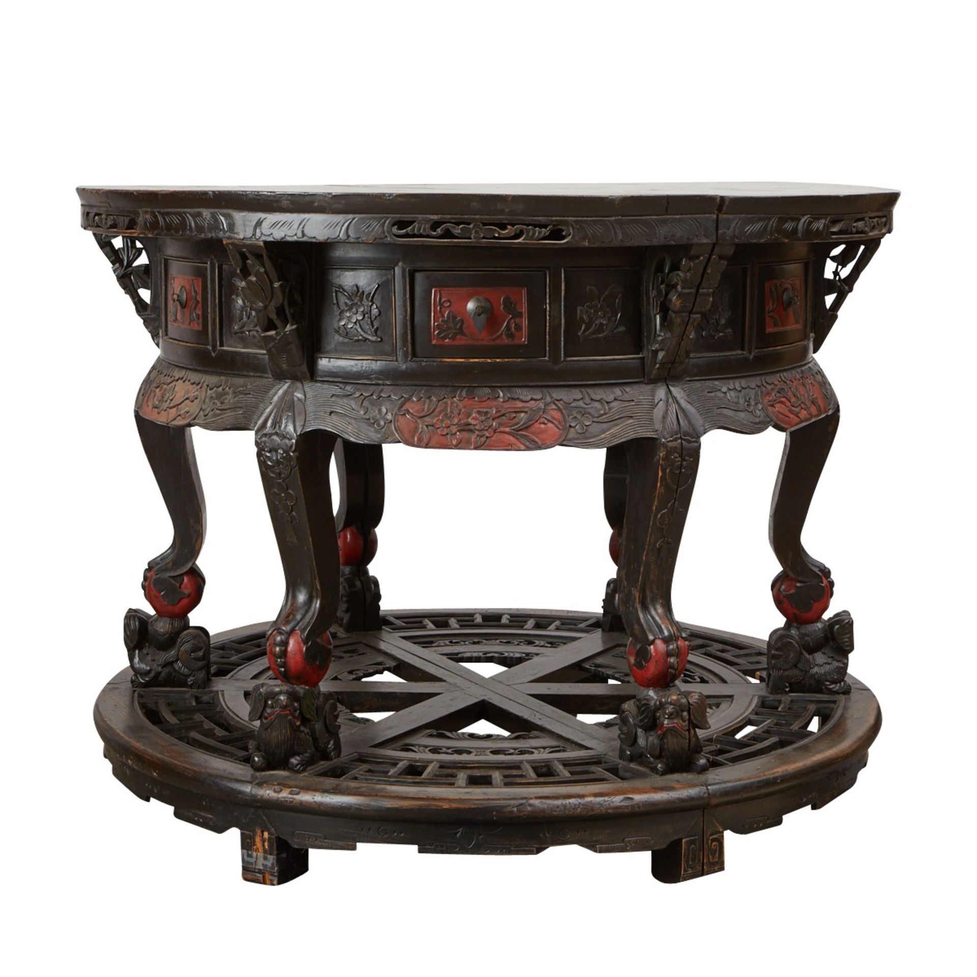 Chinese Round Carved Wood Table w/ Drawers 19th c. - Image 7 of 11
