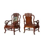 Pr Chinese Anglo Export Armchairs w/ Marble Inset