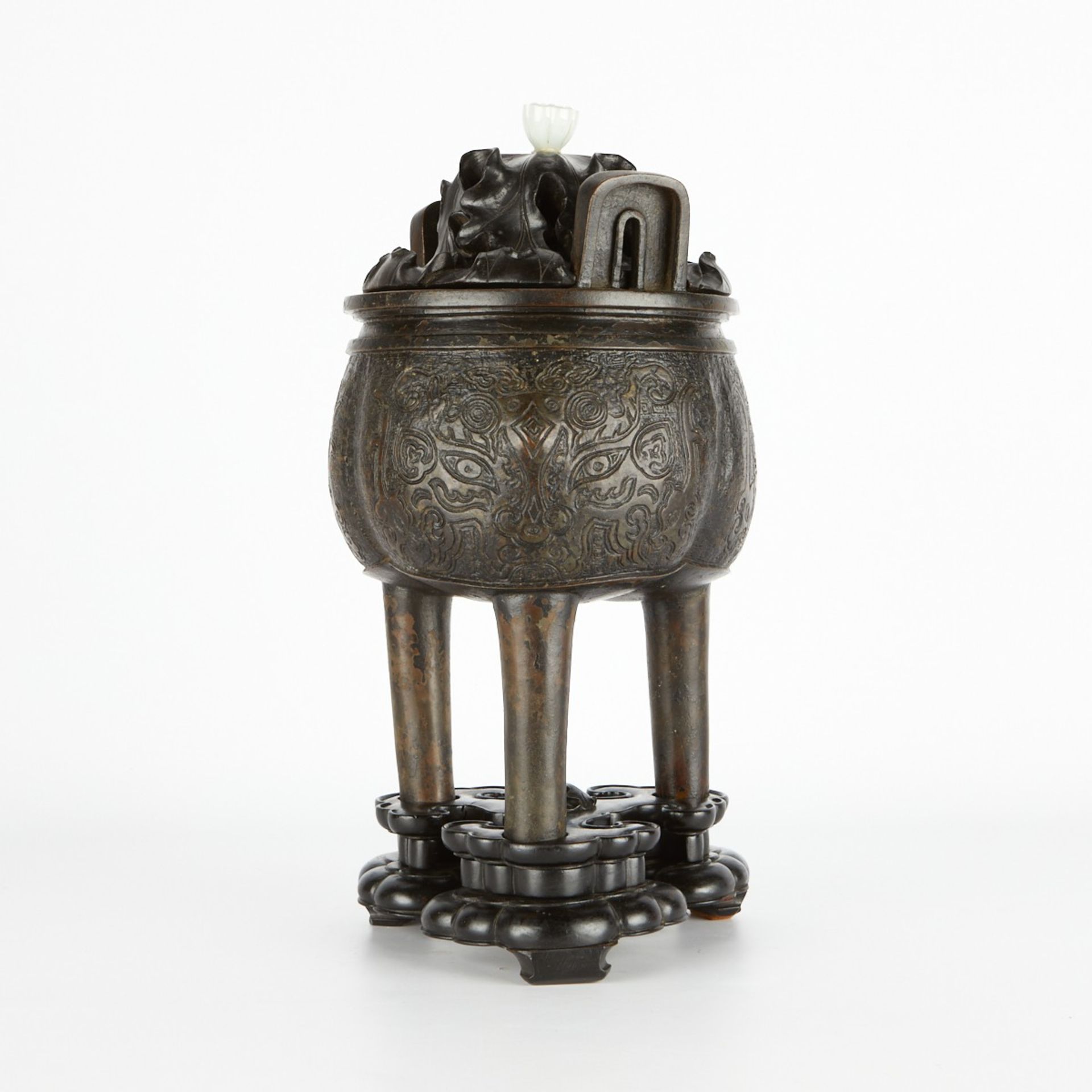 17th-18th c. Chinese Bronze Censer w/ Jade Knop - Bild 4 aus 7