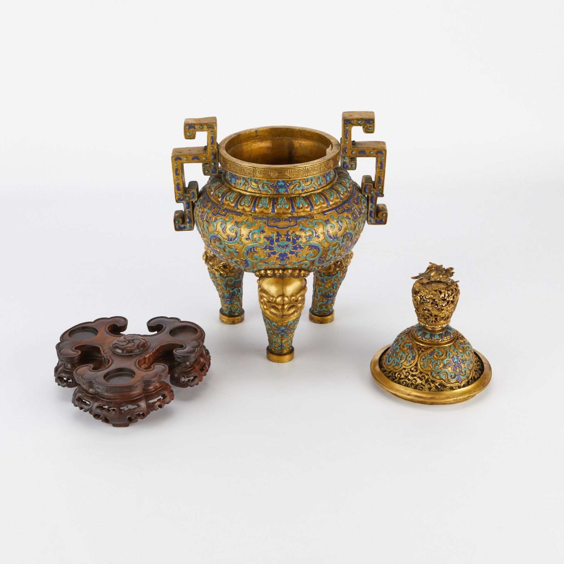 Chinese Enameled and Gilt Tripod Censer w/ Stand - Image 8 of 12