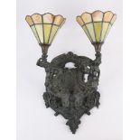 Bronze Wall Sconce w/ Angels and Leaded Glass