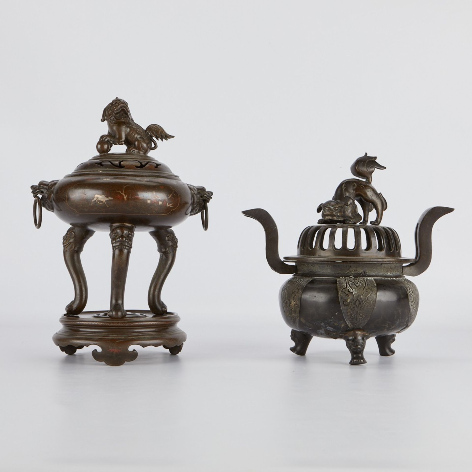 2 Chinese Bronze Tripod Censers w/ Stand