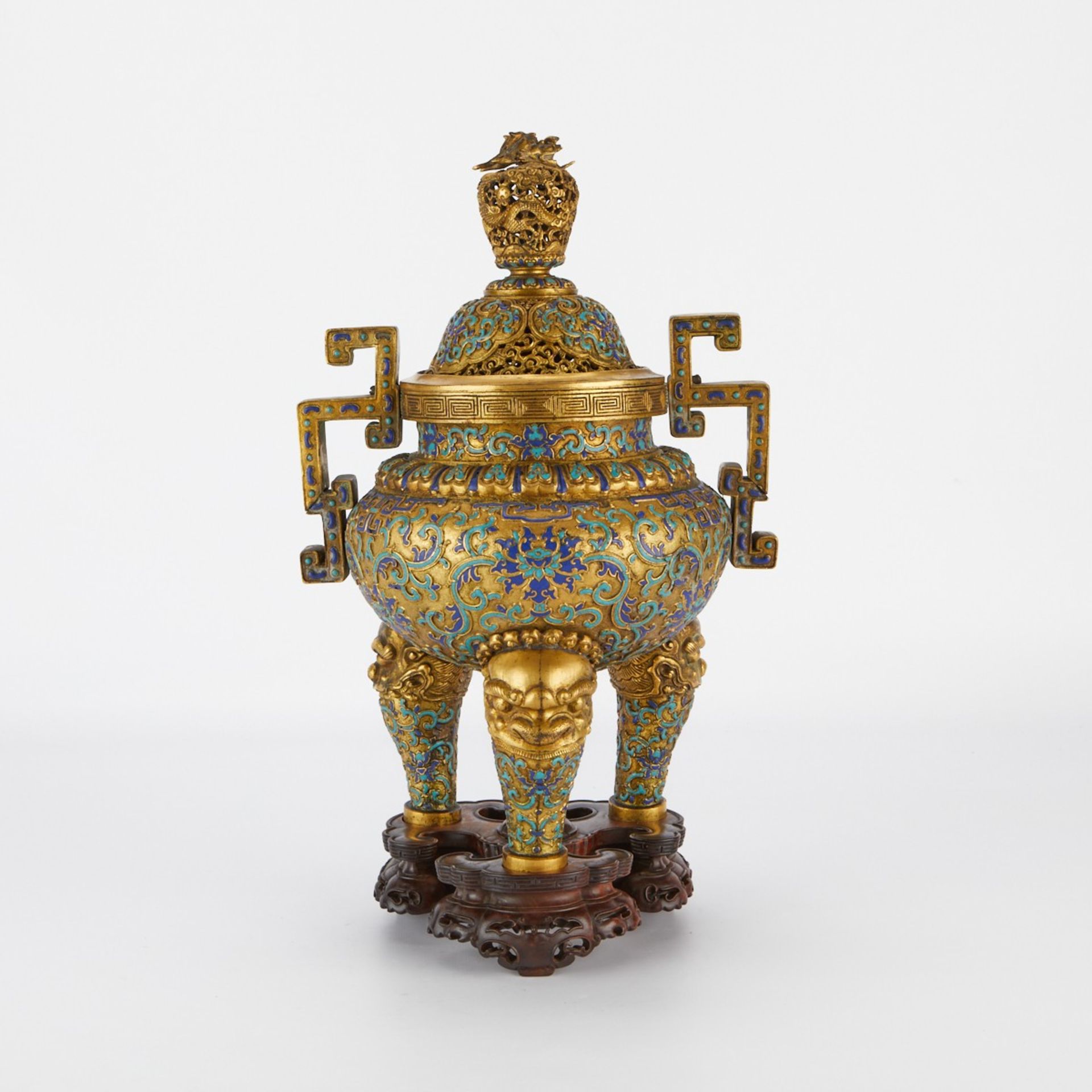 Chinese Enameled and Gilt Tripod Censer w/ Stand - Image 2 of 12