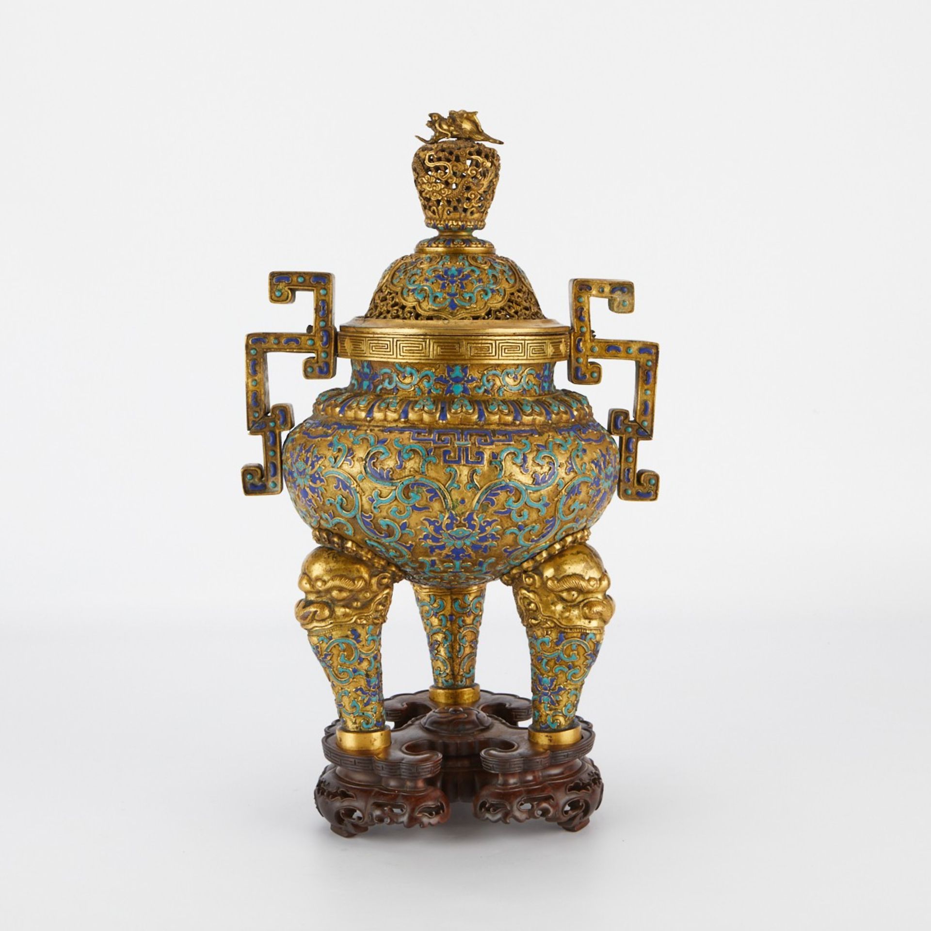 Chinese Enameled and Gilt Tripod Censer w/ Stand - Image 5 of 12