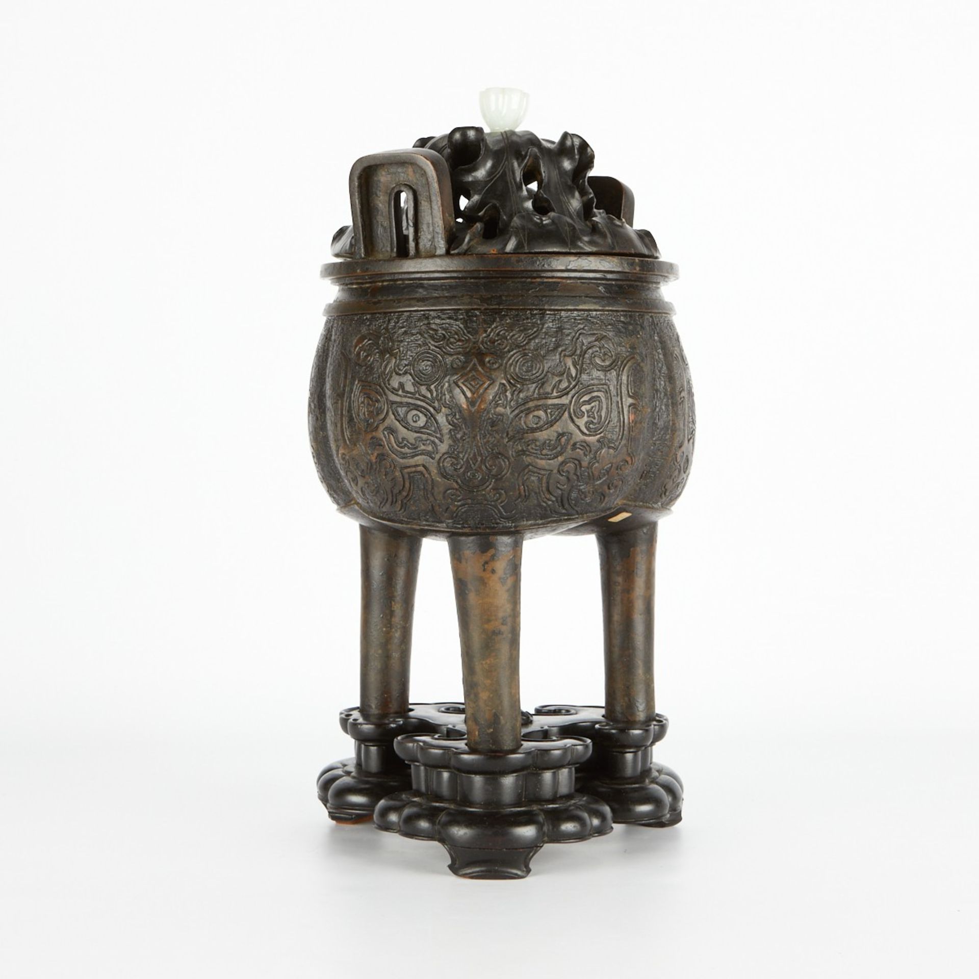 17th-18th c. Chinese Bronze Censer w/ Jade Knop - Bild 3 aus 7