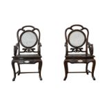 Pr: Chinese Hardwood Chairs w/ Marble Inset