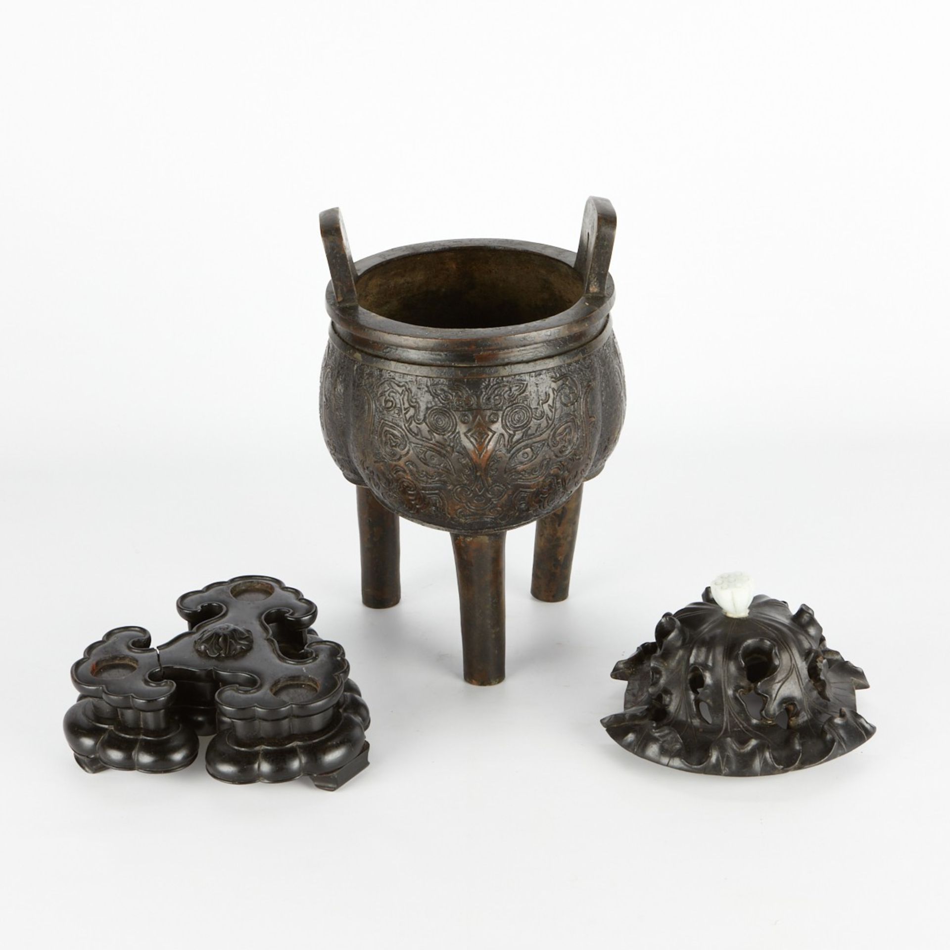 17th-18th c. Chinese Bronze Censer w/ Jade Knop - Bild 5 aus 7