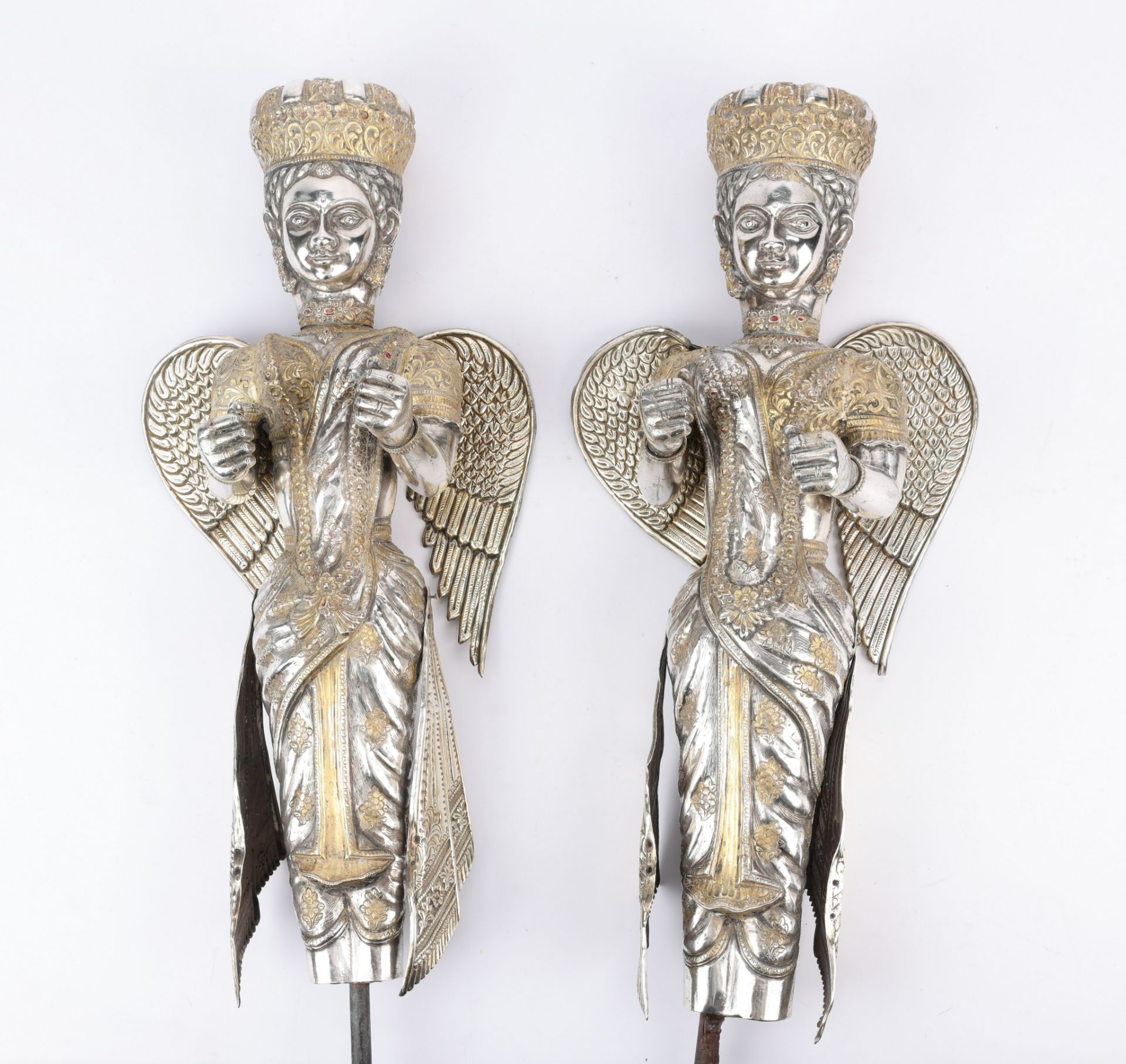 Pair Large Silver Indian Winged Figures