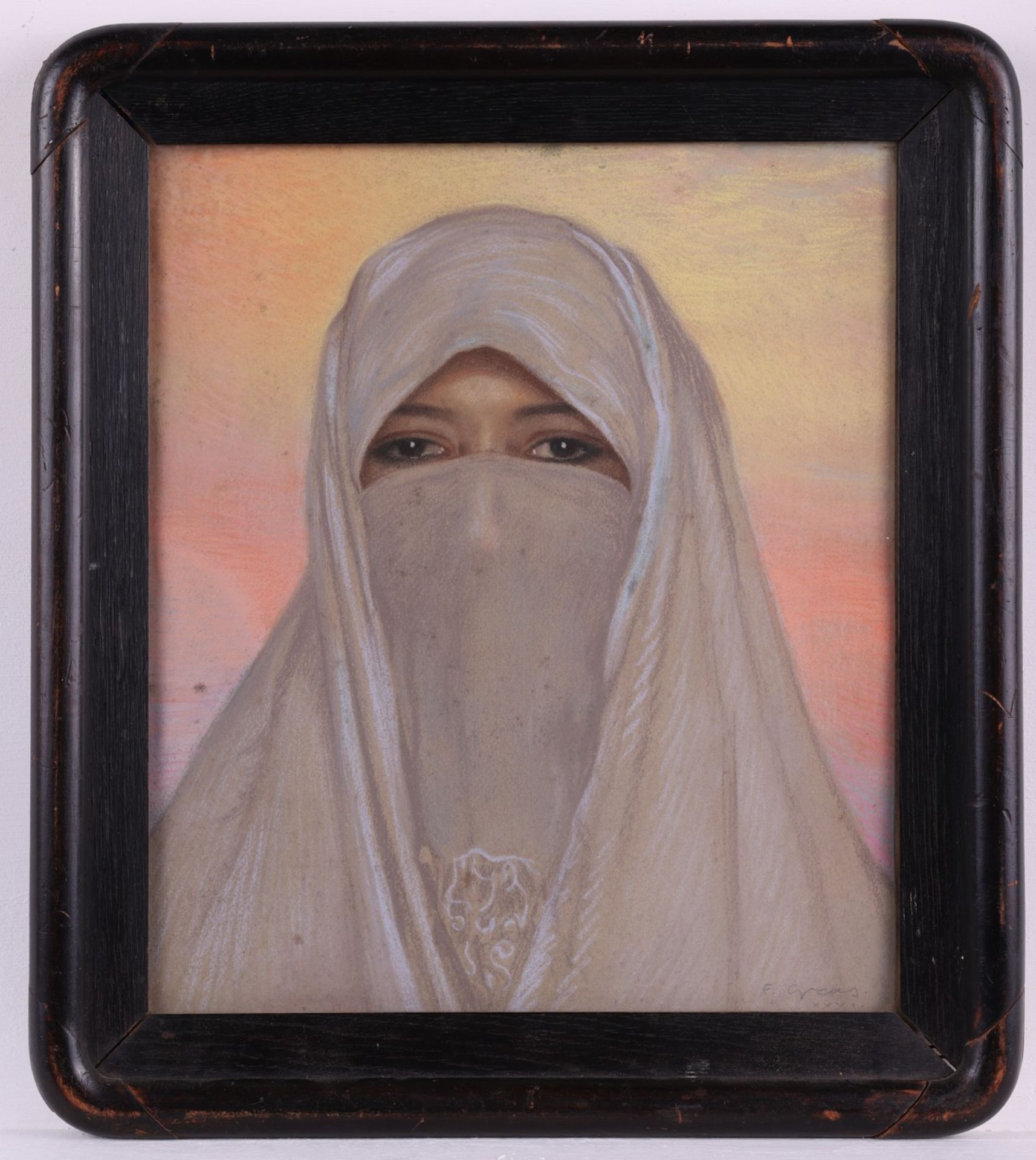 Francisco Gras "Veiled Woman" Pastel Drawing - Image 2 of 6