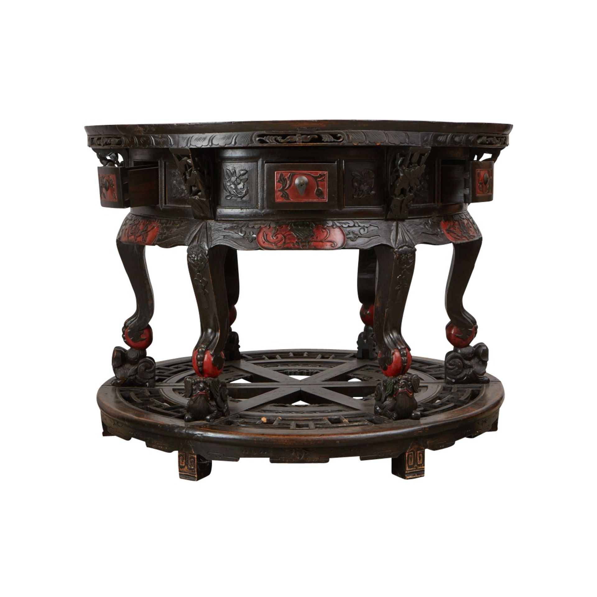 Chinese Round Carved Wood Table w/ Drawers 19th c. - Image 2 of 11