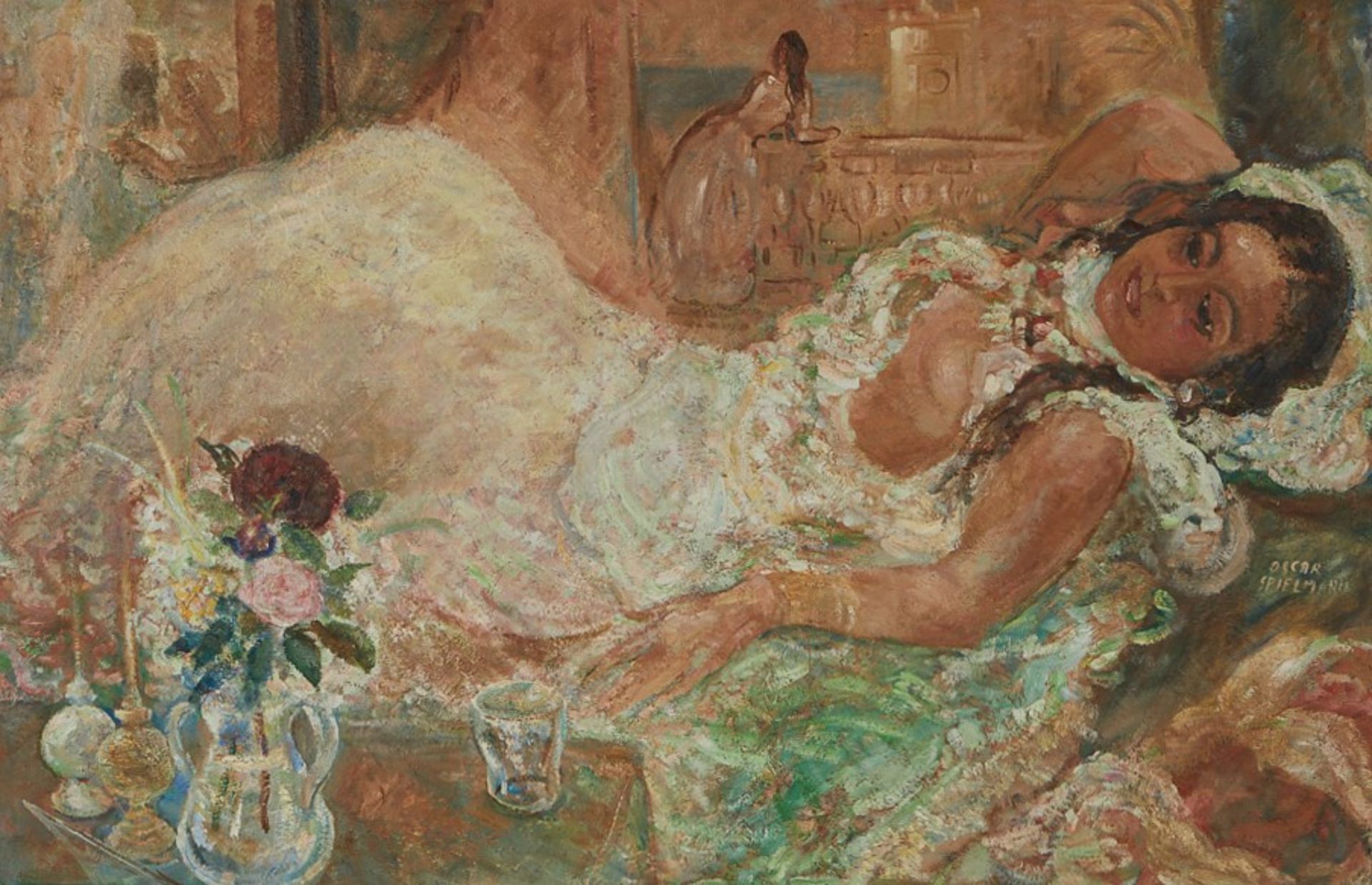 Oskar Spielmann Reclining Lady Oil on Board - Bild 2 aus 5