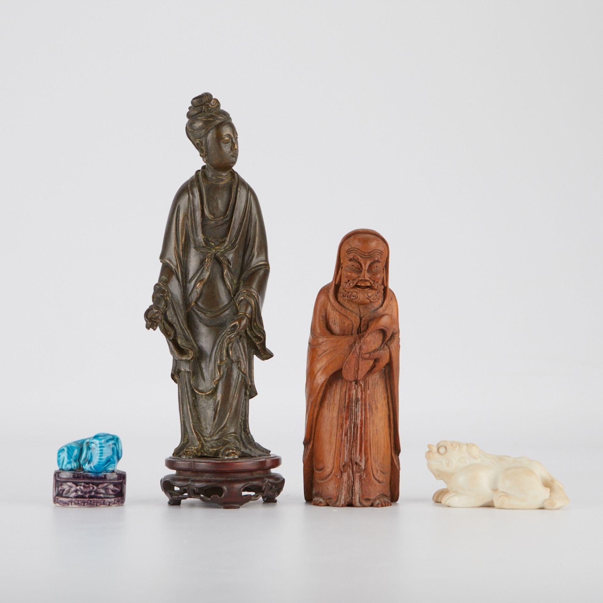 4 Chinese Items - Bronze, Porcelain, Bamboo, Jade