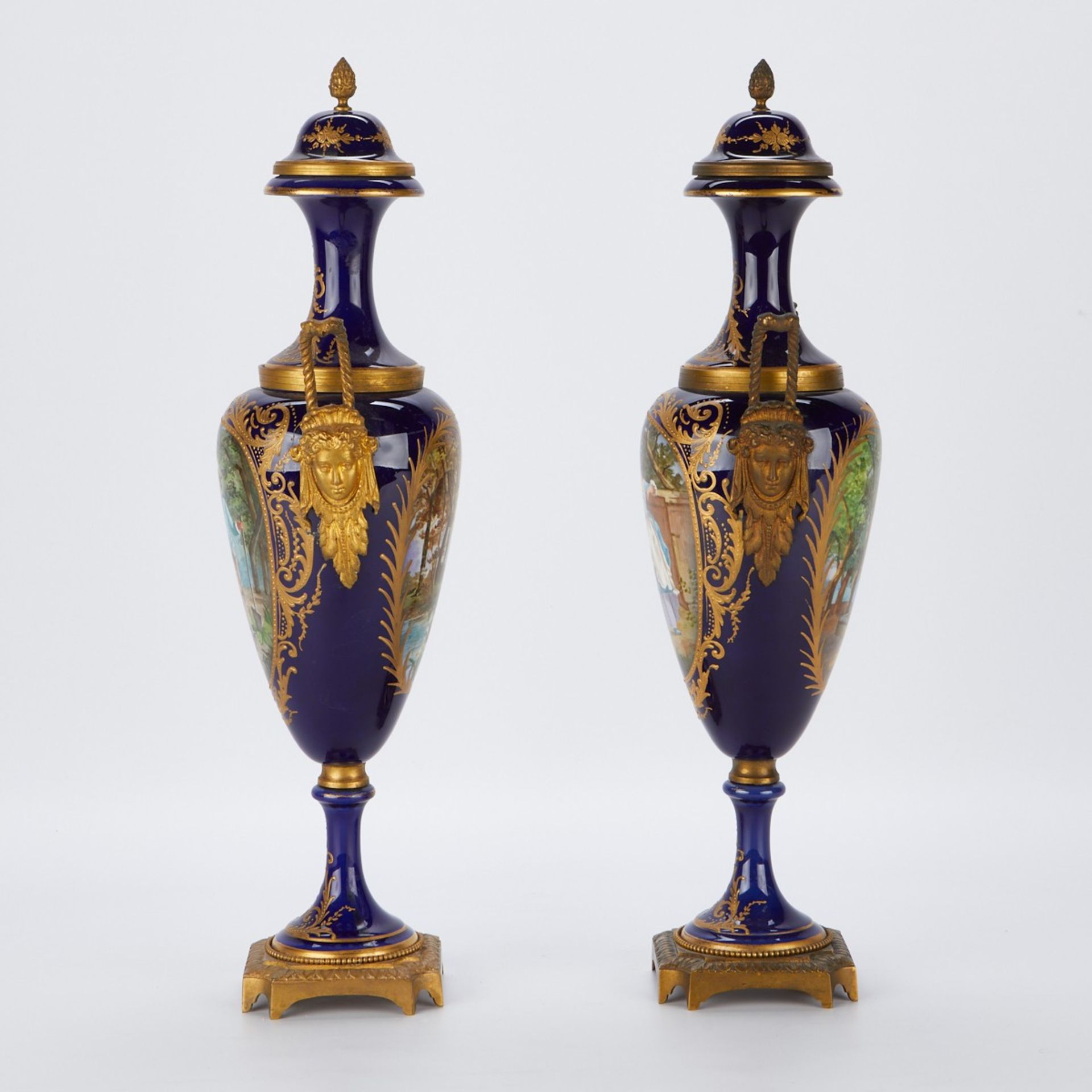 Pair of French Sevres Style Urns w/ Mask Handles - Image 3 of 8