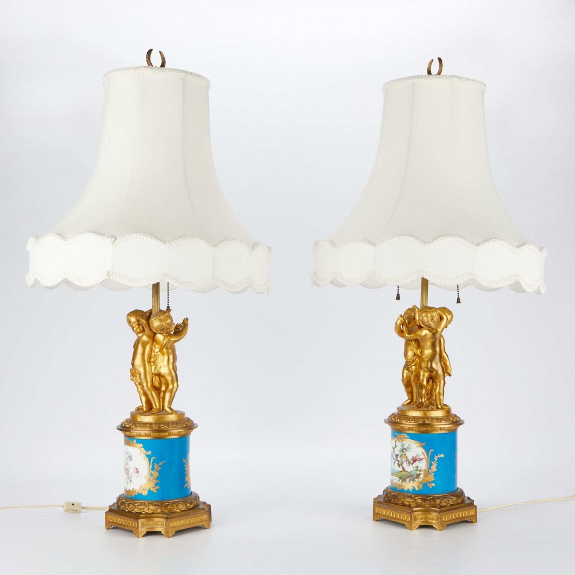 Pr Sevres Style Porcelain Lamps w/ Bronze Putti - Image 5 of 8