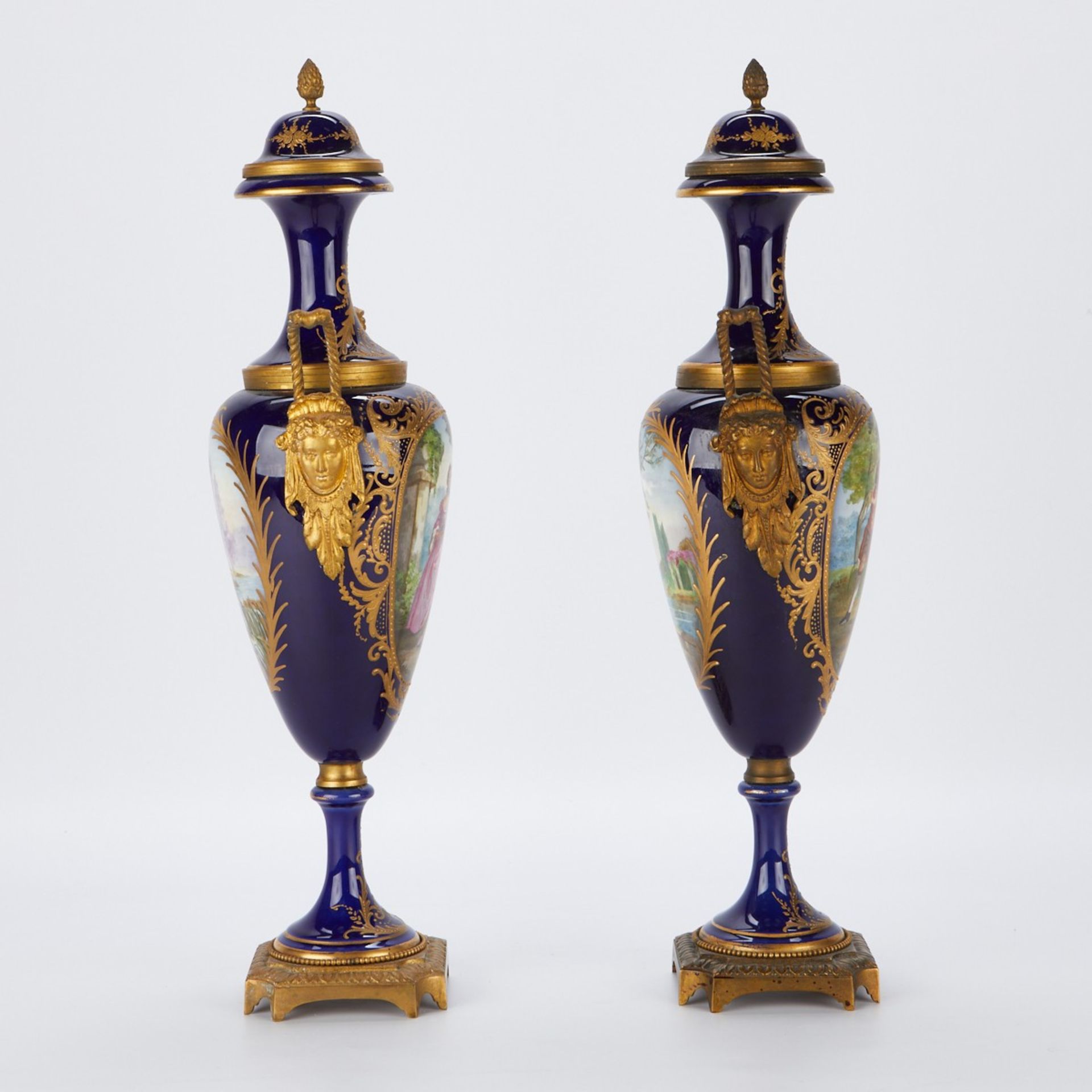 Pair of French Sevres Style Urns w/ Mask Handles - Image 5 of 8